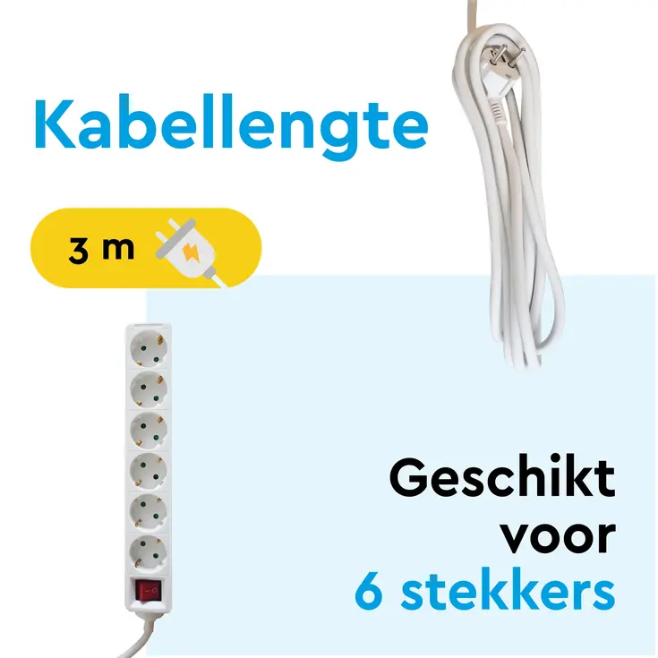 Stekkerdoos 6‑voudig wit 3 m met schakelaar