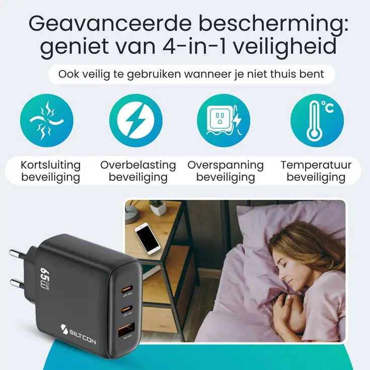 Snellader - 65W - 2x USB-C + USB-A