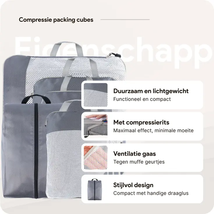 Packing cubes compressie set – 6-delig – Grijs