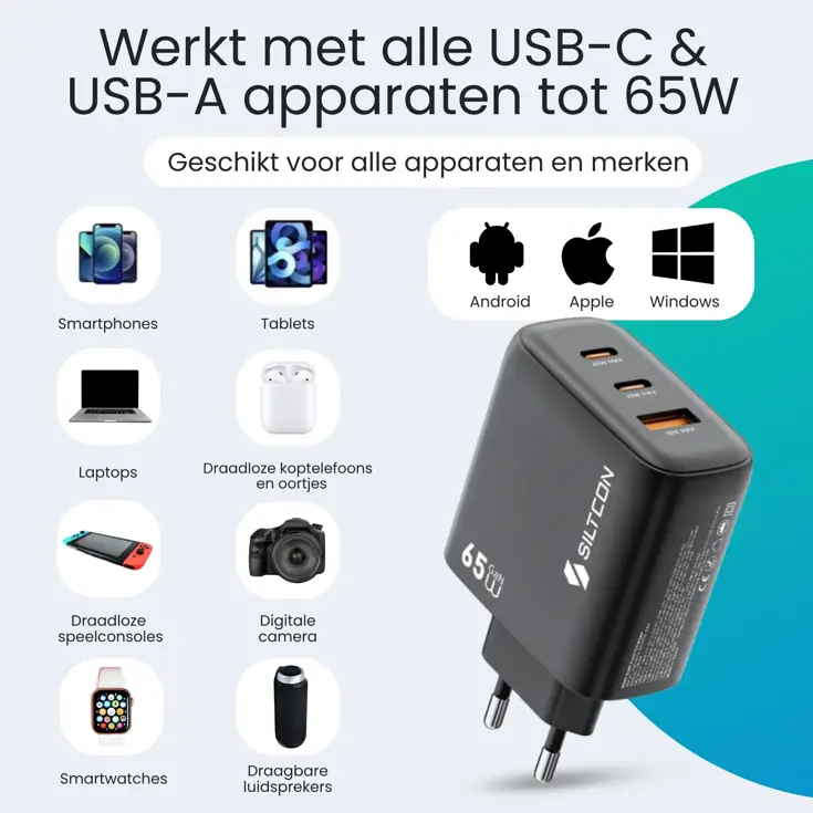 Snellader - 65W - 2x USB-C + USB-A