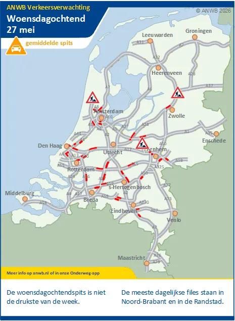 Woensdagochtend een gemiddelde spits. Meeste files in Noord-Brabant en in de Randstad.