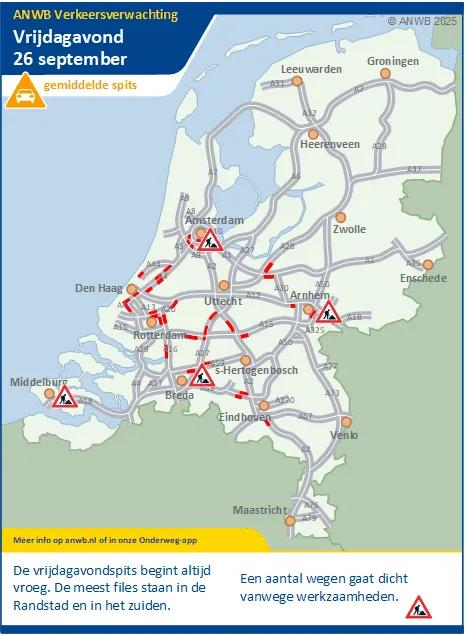 Verkeersverwachting vrijdagmiddag 26 september: Een gemiddelde spits die vroeg begint. Een aantal wegen gaat 's avonds  / 's nachts dicht in verband met werkzaamheden.