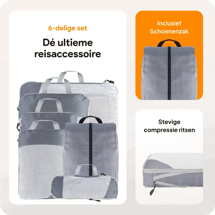 Packing cubes compressie set – 6-delig – Grijs