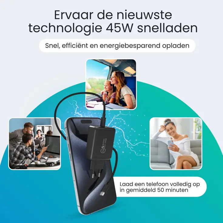 USB-C Snellader - 45W + USB-A 18W - 2m