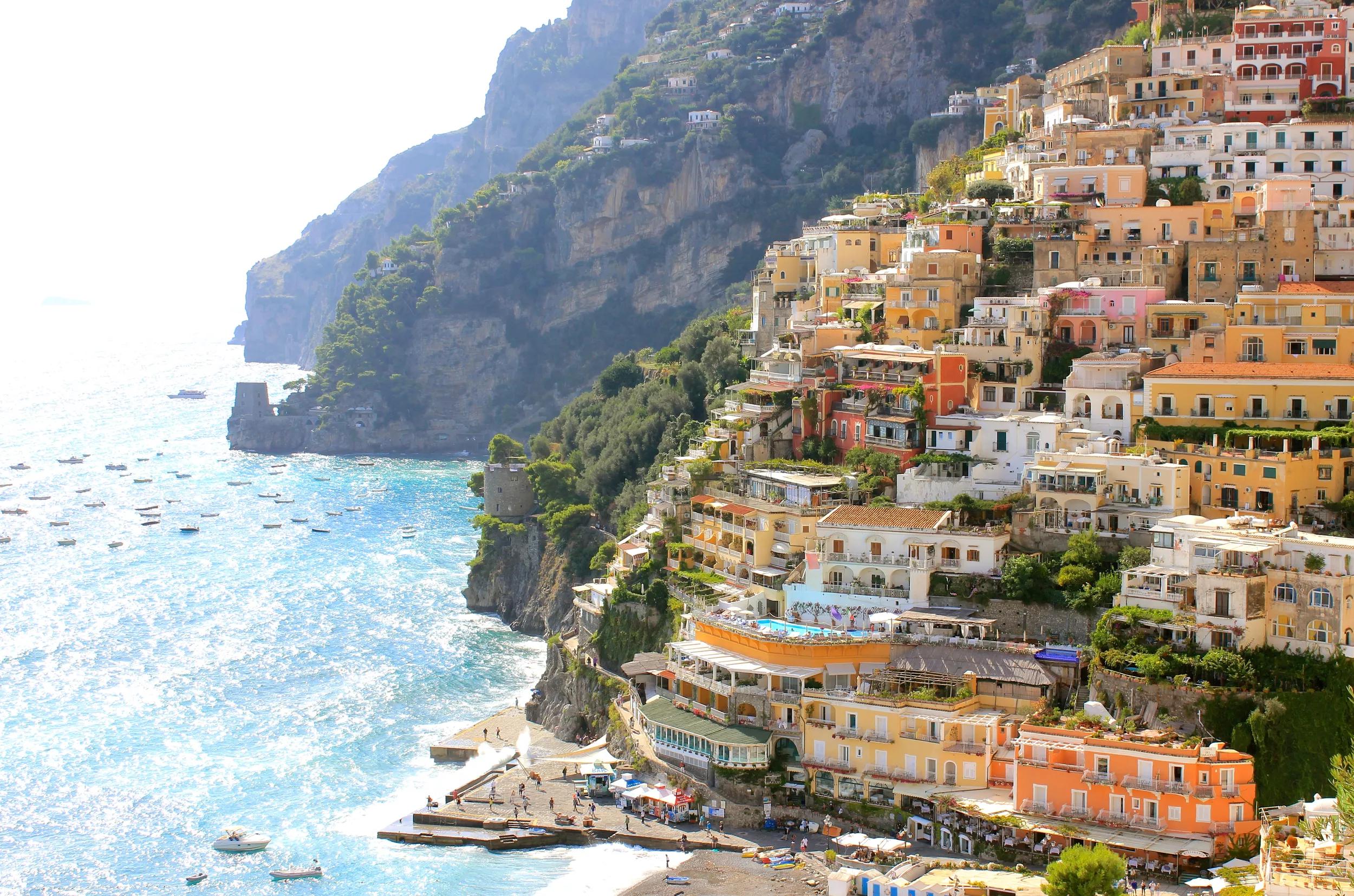 View of colourful homes in Positano, Italy.