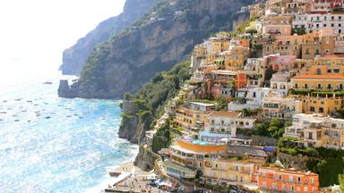 View of colourful homes in Positano, Italy.