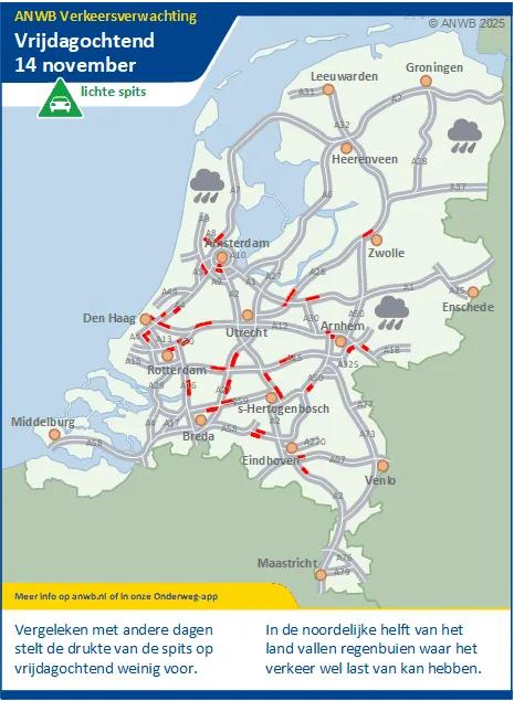 Vrijdagochtend een lichte spits. In het noorden van het land vallen regenbuien.