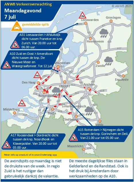 Verkeersverwachting maandagmiddag 7  juli: De meeste files staan in de Randstad en Gelderland. In regio Zuid is het rustiger door de zomervakantie.