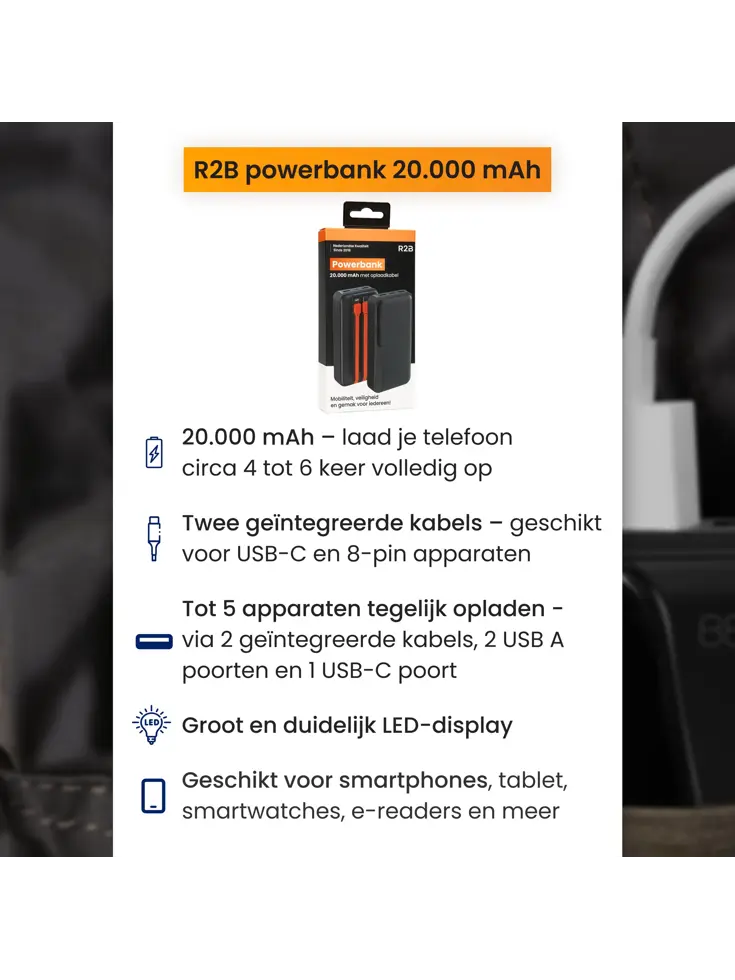 Powerbank 20000 mAh met Ingebouwde Kabels