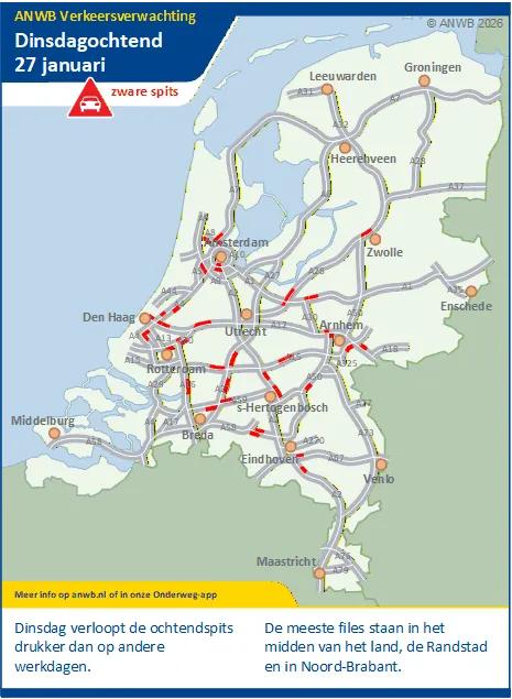 Dinsdagochtend een drukke /zware spits. Meeste files staan in de Randstad, het midden van het land en Noord-Brabant.