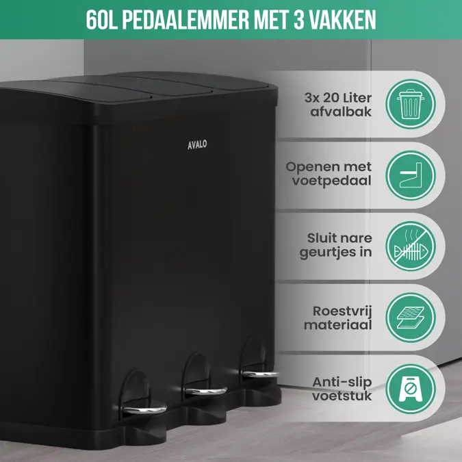 Avalo Prullenbak 3x20L - RVS