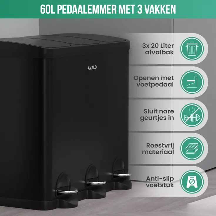 Avalo Prullenbak 3x20L - RVS
