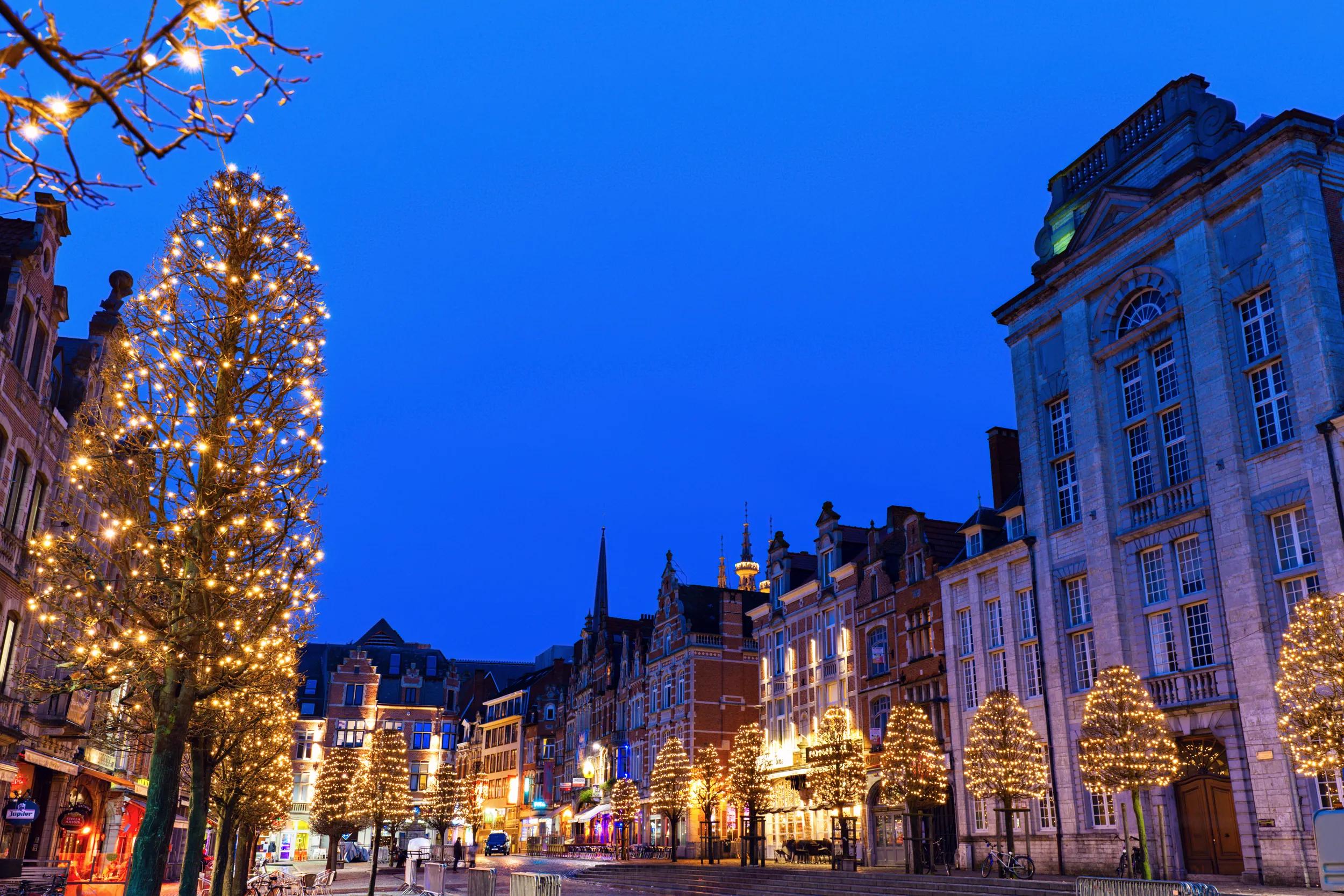 Oude Markt in Leuven during Christmas evening. .Leuven, Flemish Region, Belgium