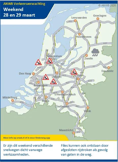 In het weekend kans op vertraging door wegwerkzaamheden en door gaten in het wegdek (in verband met vorstschade).