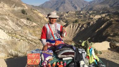 peru_colca canyon_indigena verkoopster met uitzicht over landschap_f