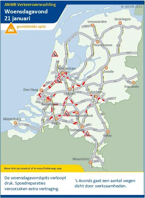 Woensdagmiddag/-avond een drukke spits. Spoedreparaties door vorstschade veroorzaken extra vertraging.