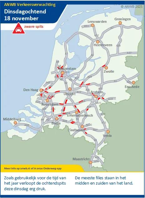 Een drukke spits. Meeste files in het midden en zuiden van het land.