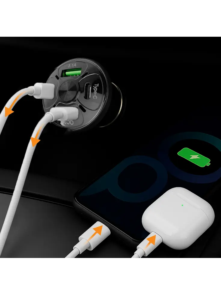 Autolader USB C & USB A, Snellader, Zwart