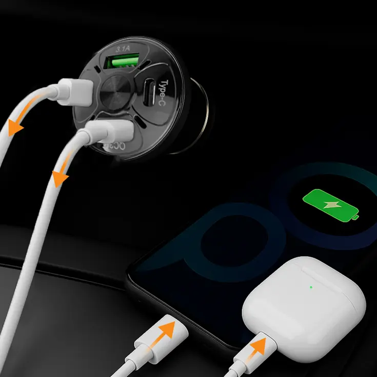 Autolader USB C & USB A, Snellader, Zwart