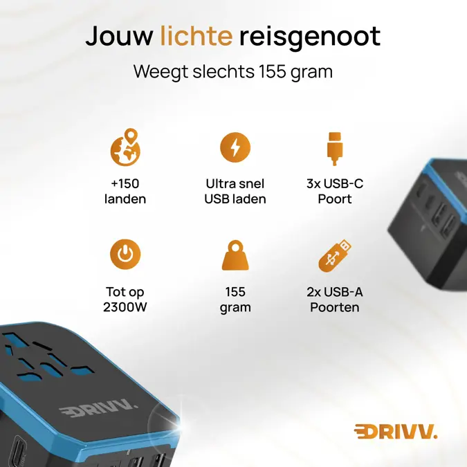 Drivv. Universele Wereldstekker - USB C