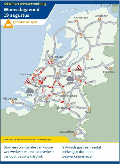 Woensdagmiddag/-avond een gemiddelde spits. Door een combinatie van recreatie- en woon-werkverkeer verloopt de spits vrij druk.
