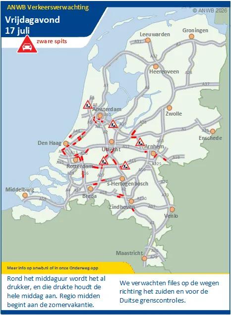 Vrijdagmiddag/-avond een drukke spits die vroeg begint. In de regio Midden start de zomervakantie.