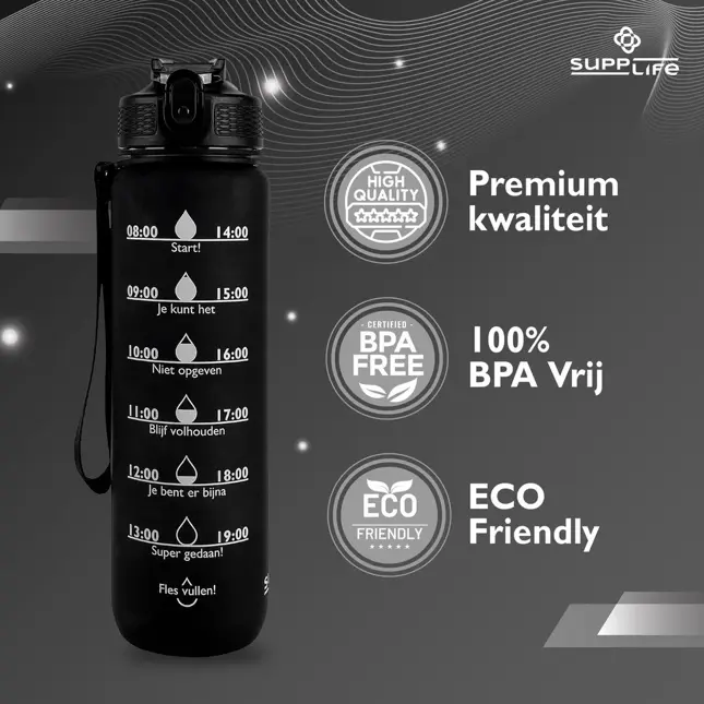 Nederlandse Motivatie Waterfles - Zwart - 1L