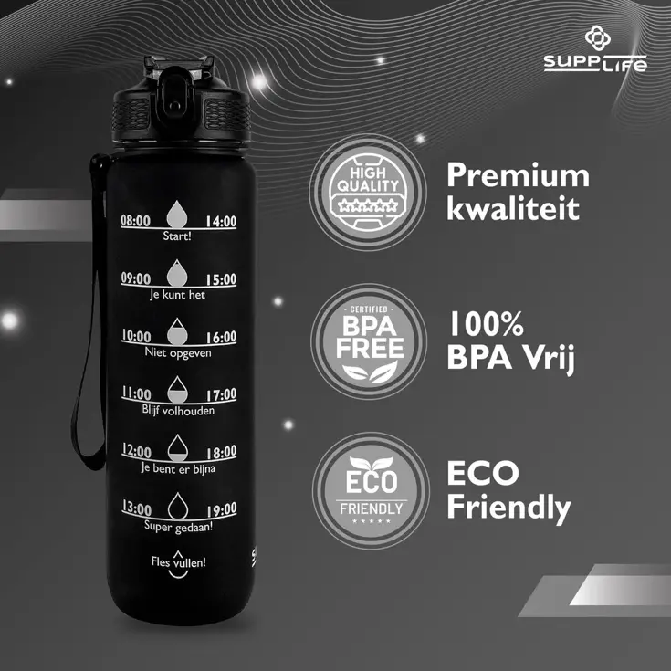 Nederlandse Motivatie Waterfles - Zwart - 1L