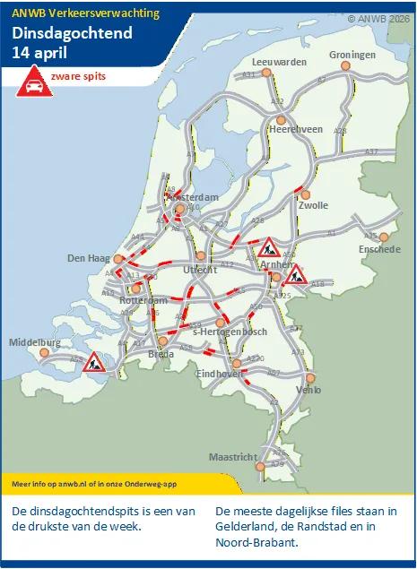 Dinsdagochtend een drukke (zware) spits. Meeste dagelijkse files staan in Gelderland, de Randstad en in Noord-Brabant.