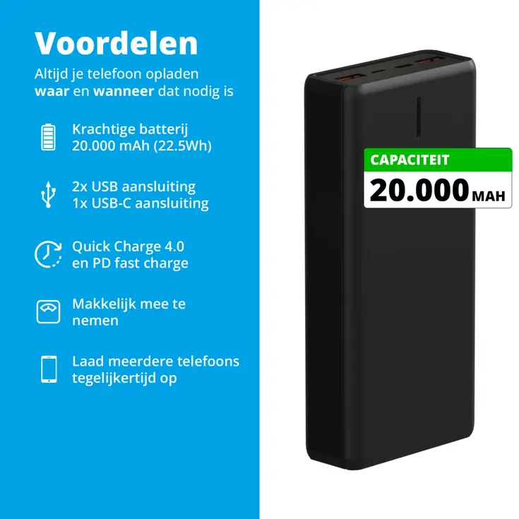 Powerbank 20.000 mAh - Zwart