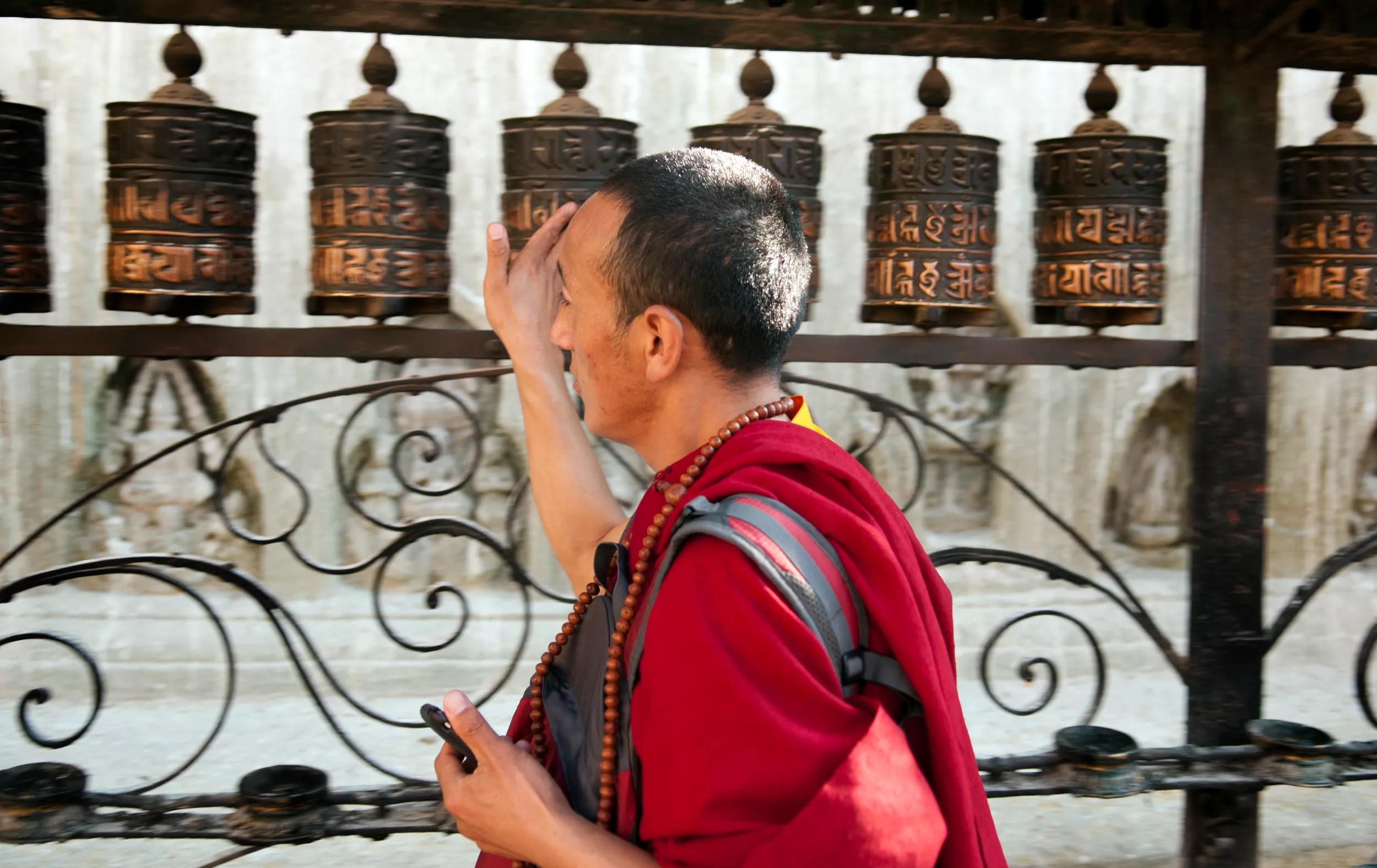 Kathmandu, Central Valley, Nepal, November 2012. Swayambhunath is an ancient religious complex atop a hill in the Kathmandu Valley, west of Kathmandu city. It is also known as the Monkey Temple as there are holy monkeys living in the north-west parts of the temple. For the Buddhist Newars in whose mythological history and origin myth as well as day-to-day religious practice, Swayambhunath occupies a central position, it is probably the most sacred among Buddhist pilgrimage sites. For Tibetans and followers of Tibetan Buddhism, it is second only to Boudhanath. Photo by Frits Meyst/Adventure4ever.com