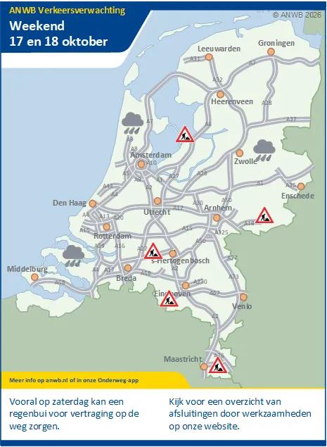 Dit weekend mogelijk een bui en kans op drukte door wegwerkzaamheden (wegafsluitingen).