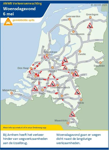 Woensdagmiddag/-avond een gemiddelde spits. Werkzaamheden kunnen vertraging geven.