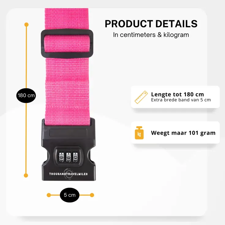 Kofferriem met cijferslot 180 cm – Roze