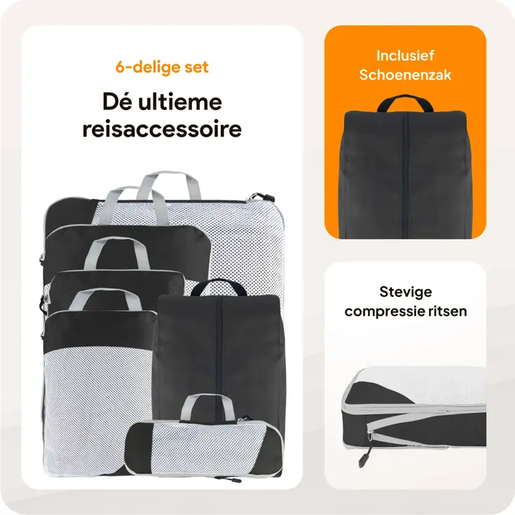 Packing cubes compressie set – 6-delig – Zwart