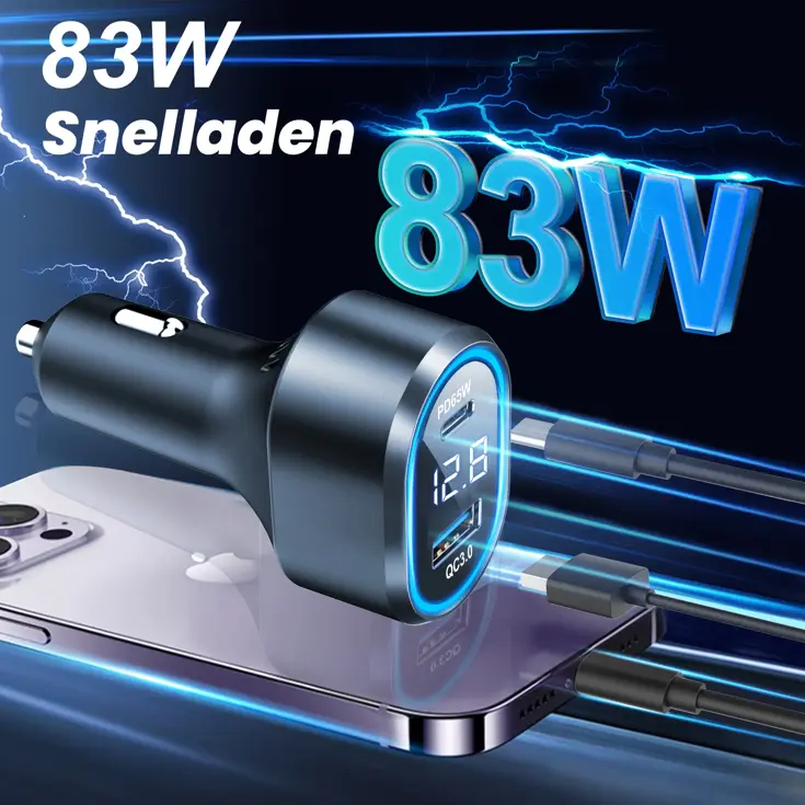 83W Autolader USB-C 65W LED Spanningsmeter