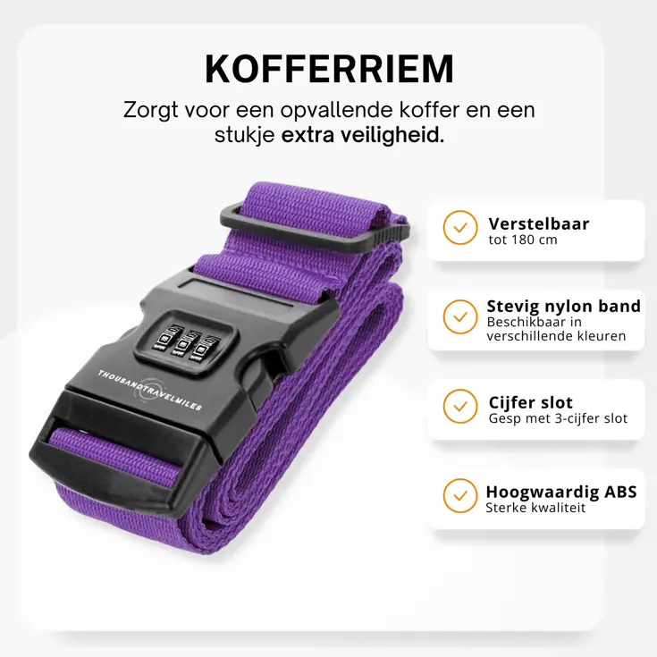 Kofferriem met cijferslot 180 cm – Paars