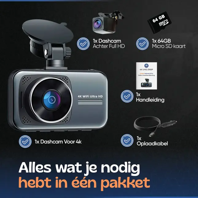 2CH Dashcam - WiFi GPS 4K 64GB - D1 Pro Dashcam