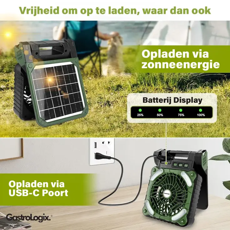 3-in-1 Zonnepaneel Powerbank Ventilator Groen