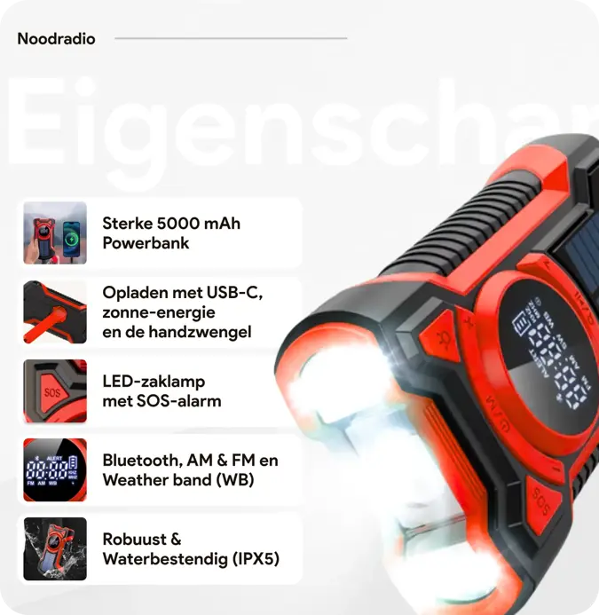 Noodradio met solar dynamo Bluetooth en powerbank