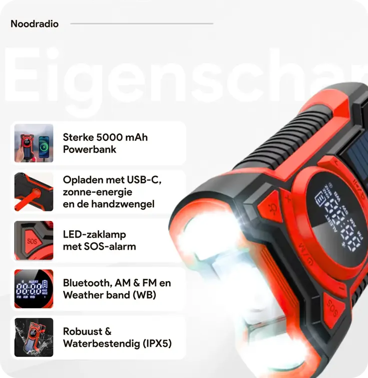 Noodradio met solar dynamo Bluetooth en powerbank