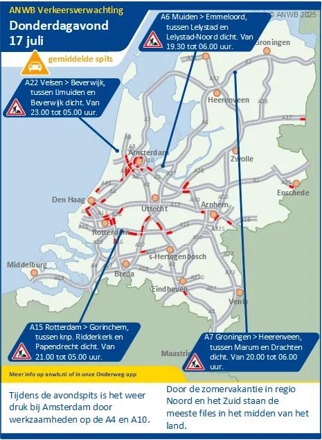 Verkeersverwachting donderdagmiddag / -avond 17 juli: Werkzaamheden geven vertraging. Verder minder druk door vakanties.