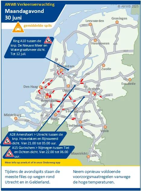 Maandagavond is er een gemiddelde spits met de meeste files rond Utrecht en Gelderland.