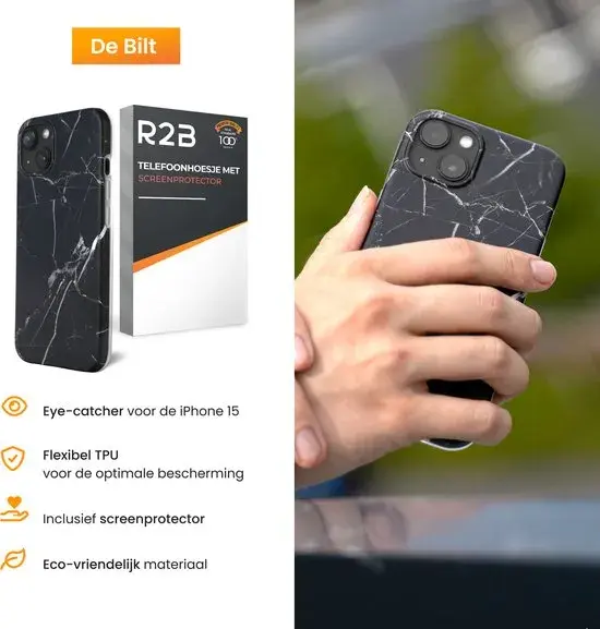 R2B iPhone 15 Hoesje Marmer + Screenprotector