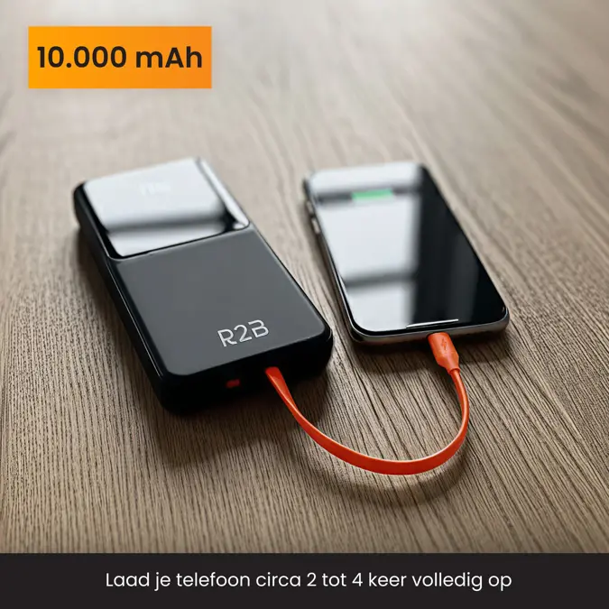 R2B Powerbank 10000 mAh met Ingebouwde Kabels