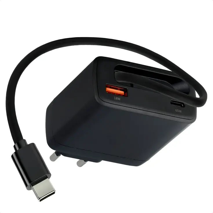 65W Oplader uittrekbare USB-C kabel USB-A + USB-C