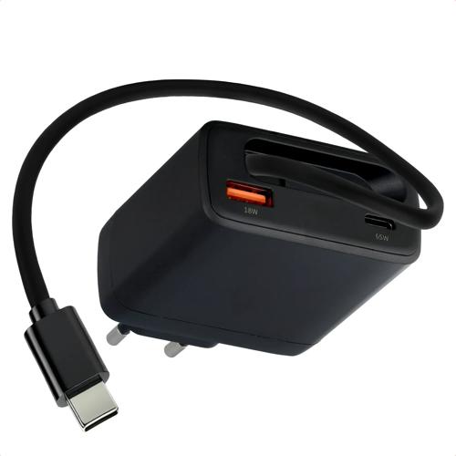 65W Oplader uittrekbare USB-C kabel USB-A + USB-C