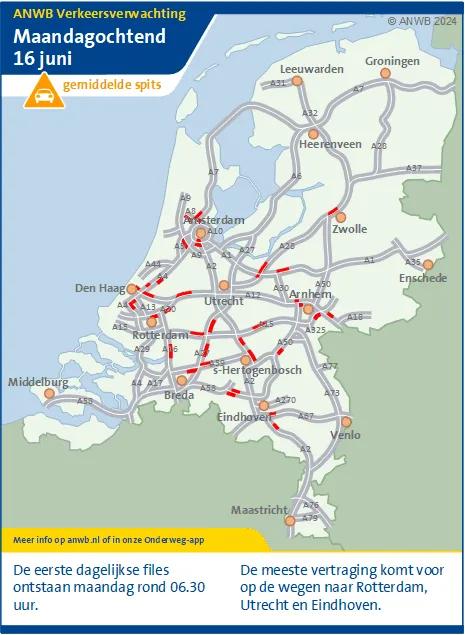 Verkeersverwachting maandagochtend 16 juni: Dagelijkse files vanaf 06.30 uur. De meeste vertraging op wegen naar Rotterdam, Utrecht en Eindhoven.