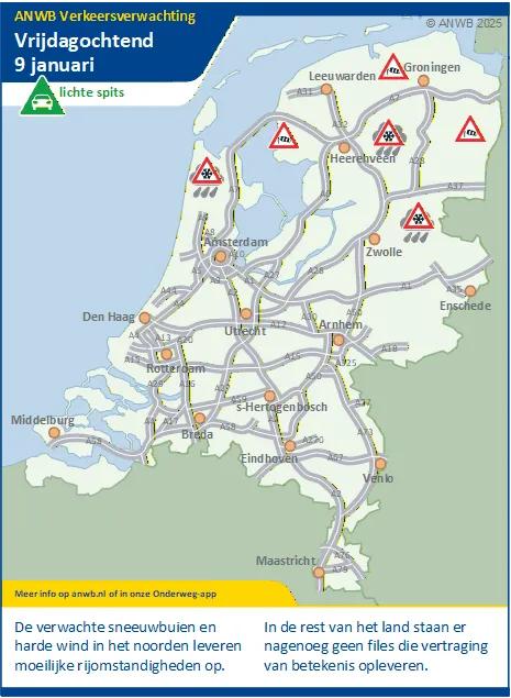 Vrijdagochtend in het noorden van het land harde wind en sneeuwbuien. Verder een lichte spits.