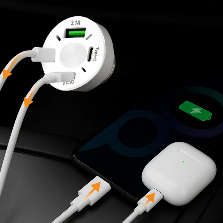 Autolader USB C & USB A - Snellader - Wit